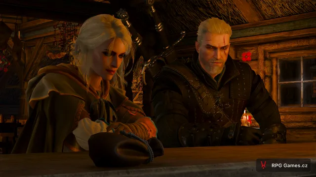 Geralt a Ciri u stolu v hospodě před předáním meče, Zaklínač 3