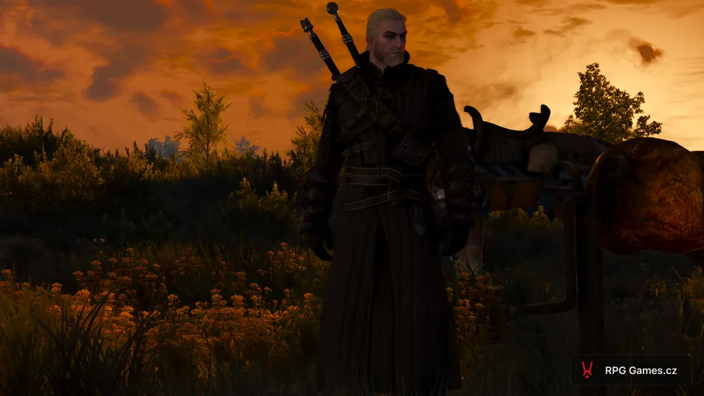 Geralt u tábora při západu slunce v epilogu zaklínačky, Zaklínač 3