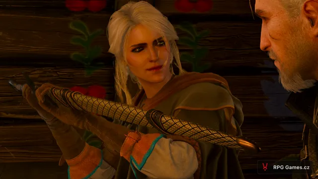 Ciri s mečem v pochvě po předání od Geralta v epilogu zaklínačky, Zaklínač 3
