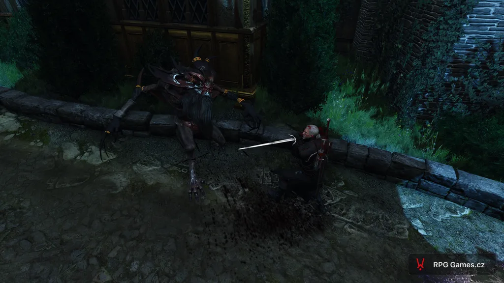 Geralt se stříbrným mečem proti Gaelovi u hospody na dlažbě Oxenfurtu, Zaklínač 3