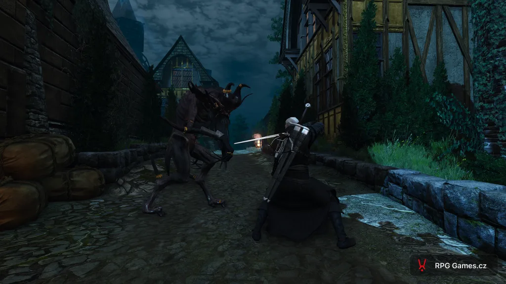 Geralt proti Gaelovi na úzké ulici Oxenfurtu v noci, Zaklínač 3