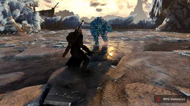 Geralt proti ledovému elementálu během souboje s Caranthirem, Zaklínač 3