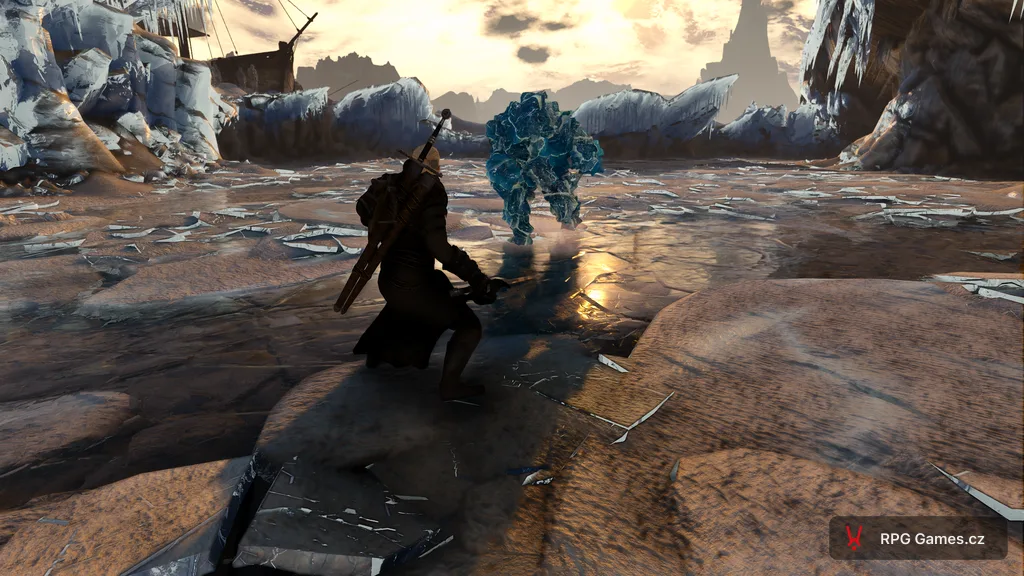 Geralt proti ledovému elementálu během souboje s Caranthirem u Naglfaru, Zaklínač 3