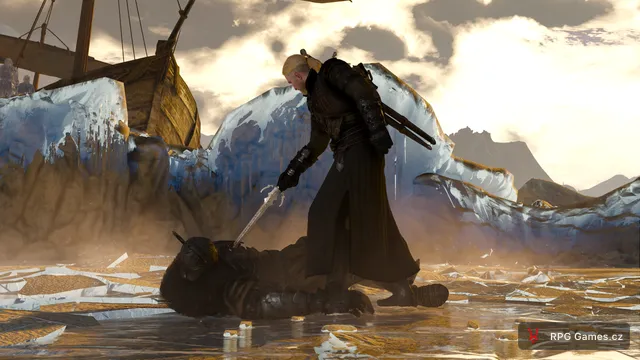 Geralt doráží Caranthira na zamrzlé palubě, Zaklínač 3