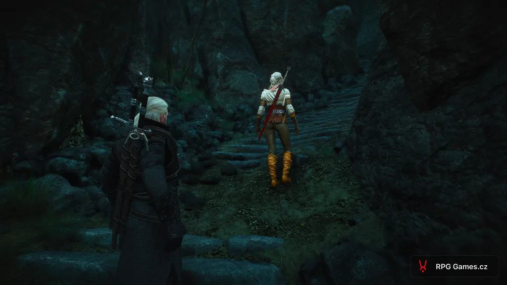 Geralt a Ciri na kamenných schodech ve skalním průkopu, Zaklínač 3
