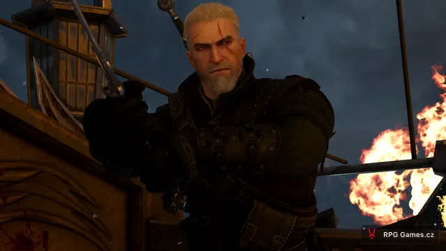 Geralt se stříbrným mečem na hořící palubě Naglfaru, Zaklínač 3