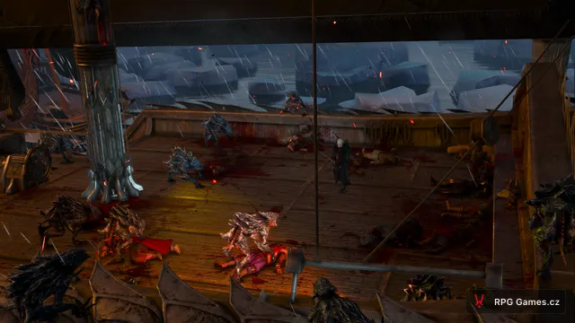 Geralt obklíčen psy Divokého honu na palubě lodi, Zaklínač 3