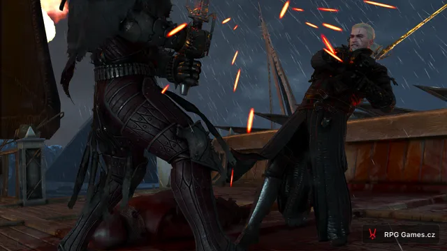 Geralt a Eredin se střetnou meči na palubě v dešti, Zaklínač 3