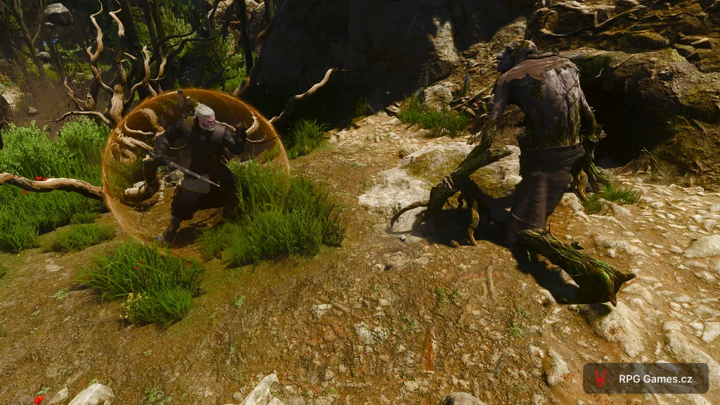 Geralt v oranžové kopuli Quen proti lesijovi v Remasteru
