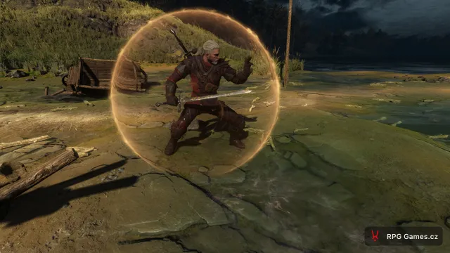Geralt se štítem Quen v zbroji Šarlatového chocholu Zaklínač 3