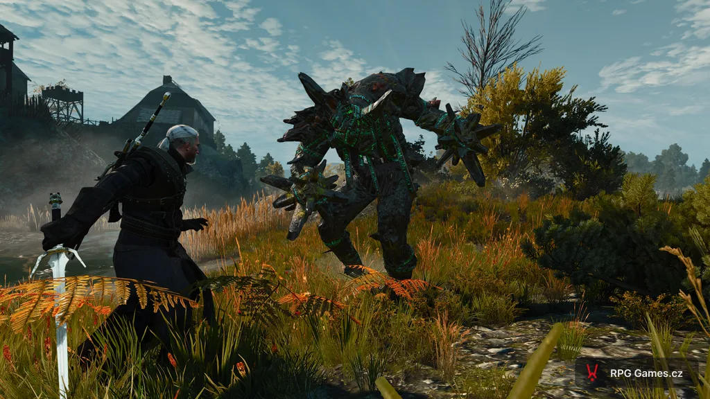 Golem na cestě u vody proti Geraltovi — kamenný strážce s magickými runami, Zaklínač 3