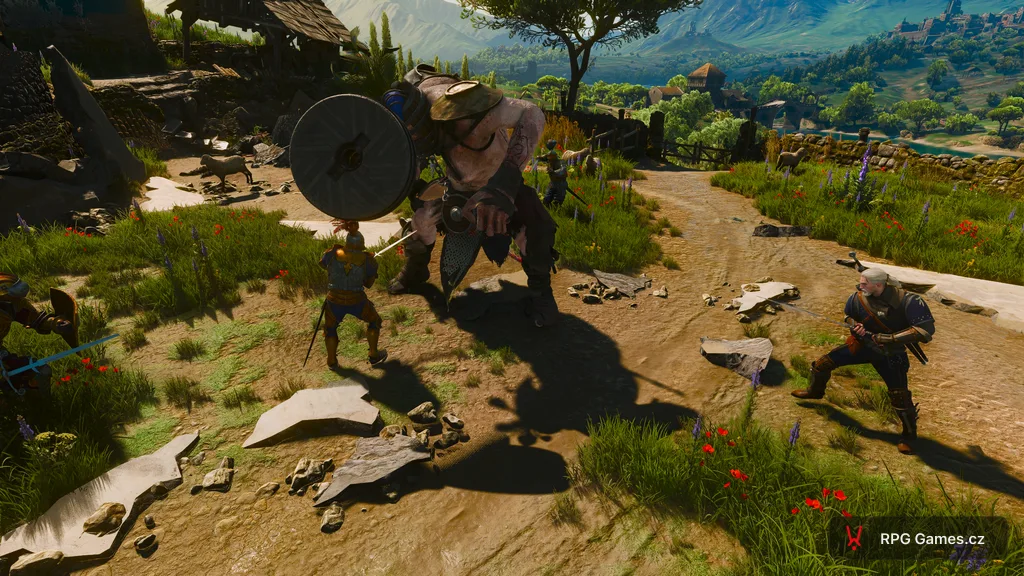 Geralt a rytíři bojují s obrem Golyatem u mlýna v Toussaintu v Zaklínači 3