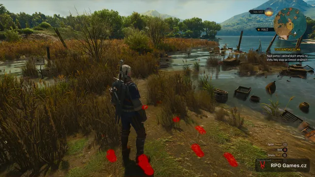 Geralt u řeky v Toussaintu se stopami ve smyslech v Zaklínači 3