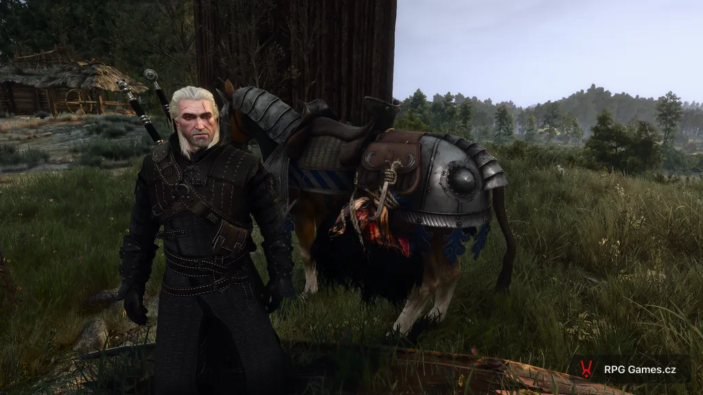 Geralt a kůň Klepna s trofejí gryfa na sedle v Bělosadu, Zaklínač 3