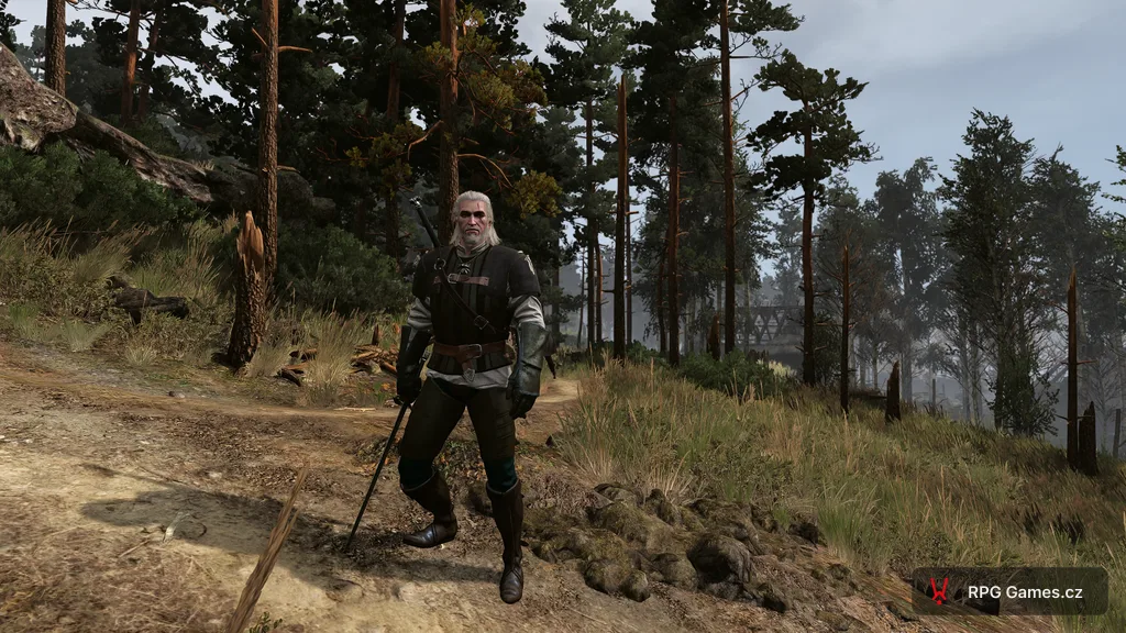 Geralt v základní gryfí zbroji se stříbrným mečem v lese, Zaklínač 3