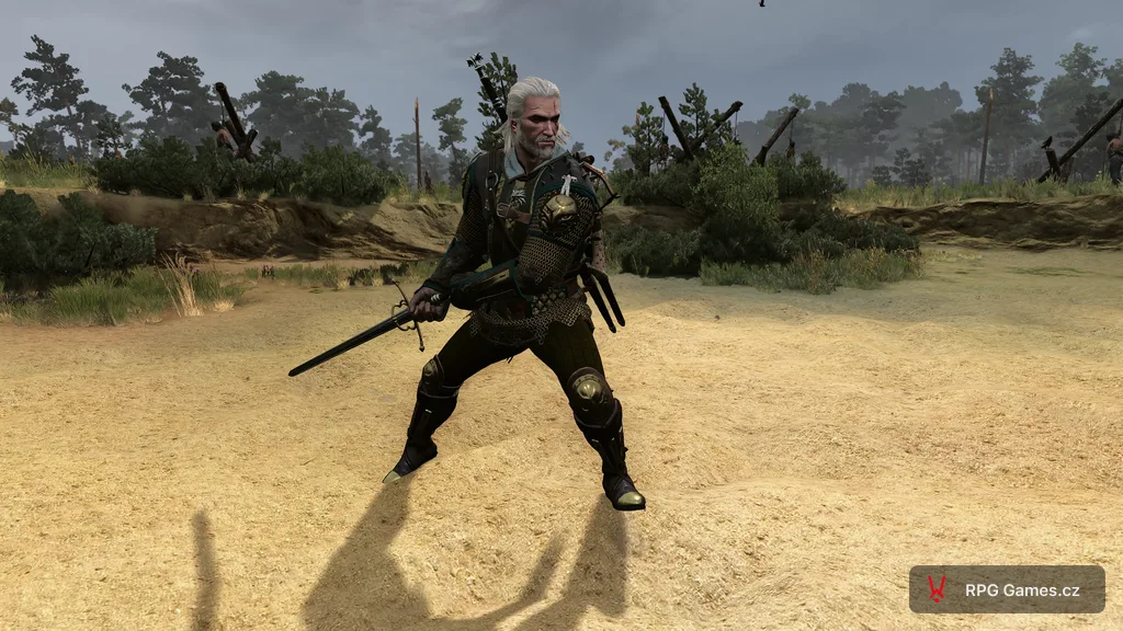 Geralt v mistrovské gryfí zbroji v bojovém postoji, Zaklínač 3