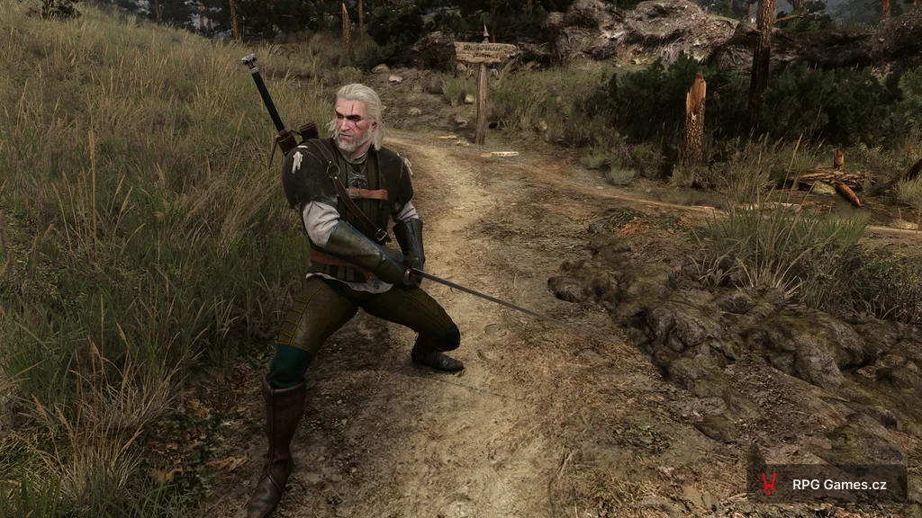 Geralt v základní gryfí zbroji s mečem u rozcestníku, Zaklínač 3