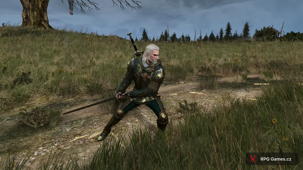 Geralt ve velmistrovské gryfí zbroji v bojovém postoji, Zaklínač 3
