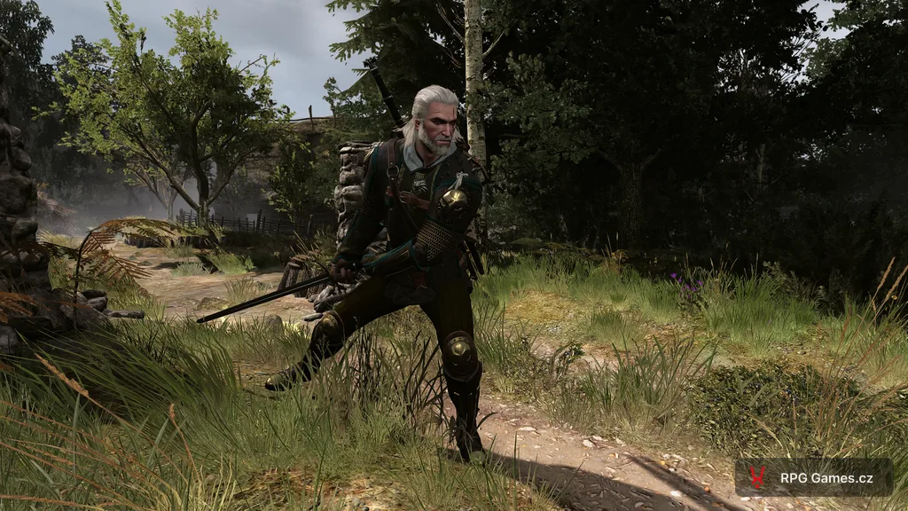 Geralt v prvotřídní gryfí zbroji v bojovém postoji, Zaklínač 3