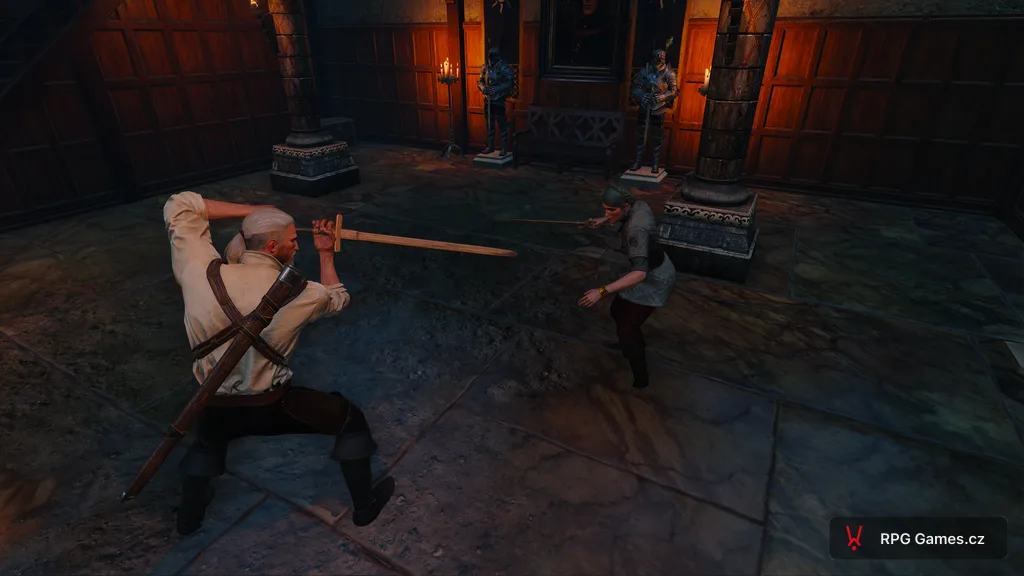 Geralt a Rosa var Attre s dřevěnými meči v sídle var Attre, Zaklínač 3