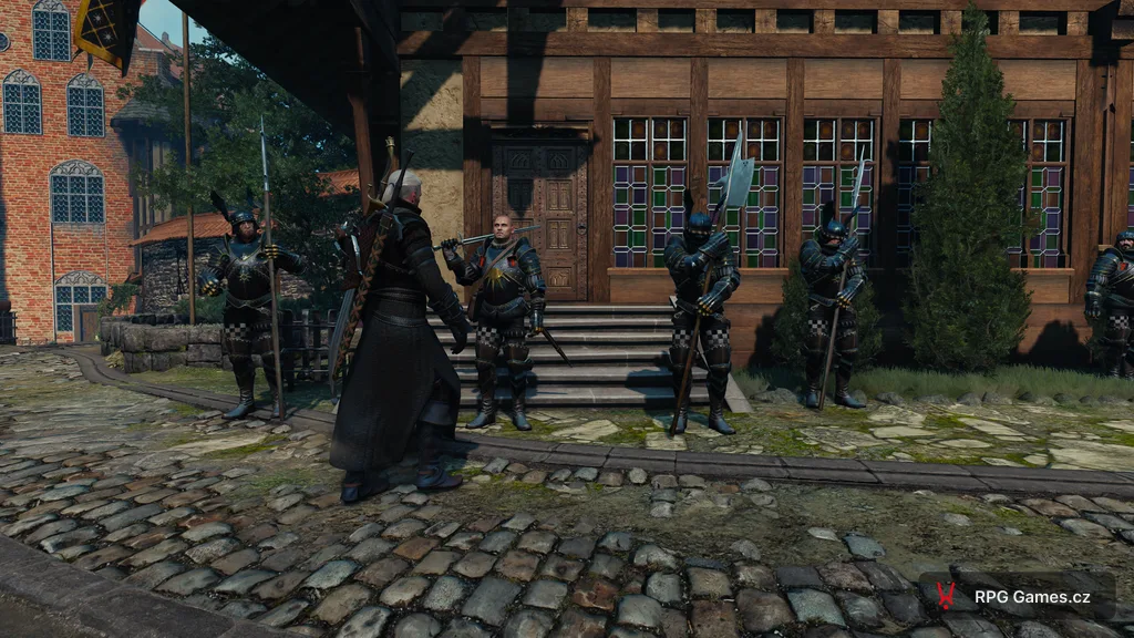 Geralt před sídlem var Attre v Novigradu, nilfgaardská stráž u dveří, Zaklínač 3