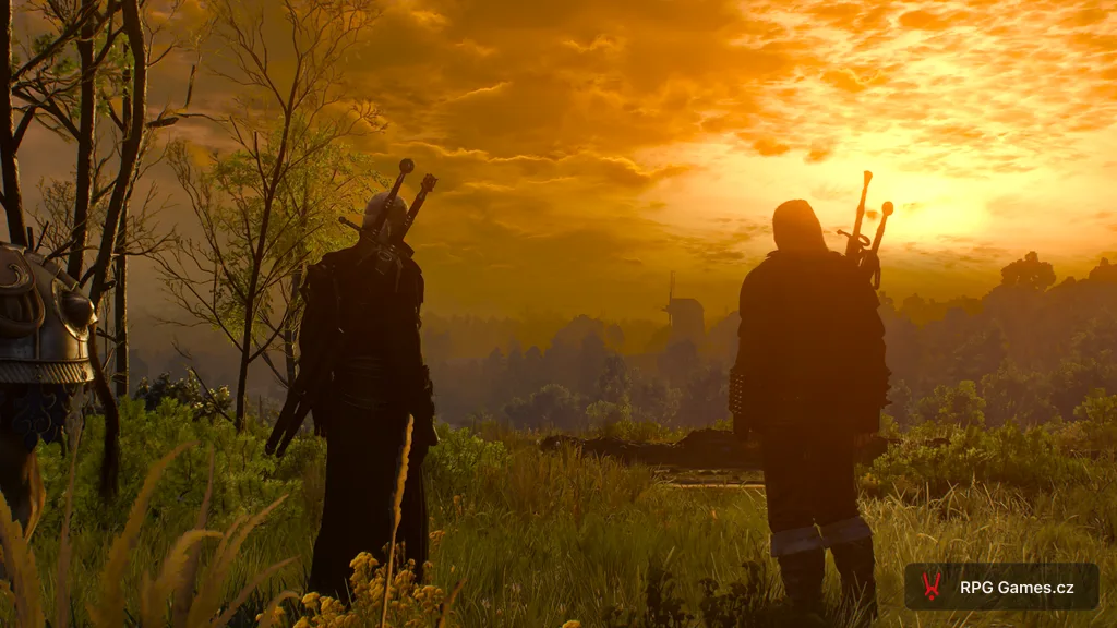 Geralt a Vesemir v Bělosadu při západu slunce — start hry, Zaklínač 3