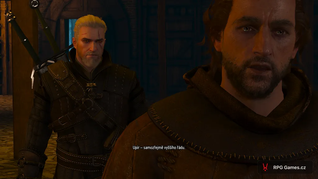Hubert Rejk v kostnici mluví o vyšším upírovi, Geralt u něj stojí, Zaklínač 3