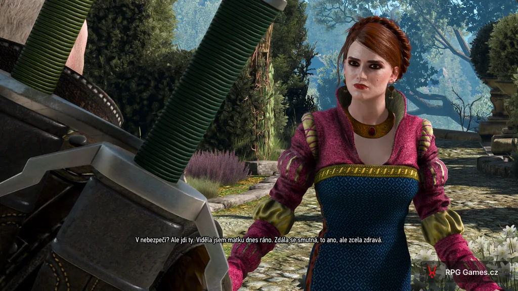 Patricia Vegelbudová v zahradě usedlosti Vegelbudů během vyšetřování, Geralt s ní mluví, Zaklínač 3