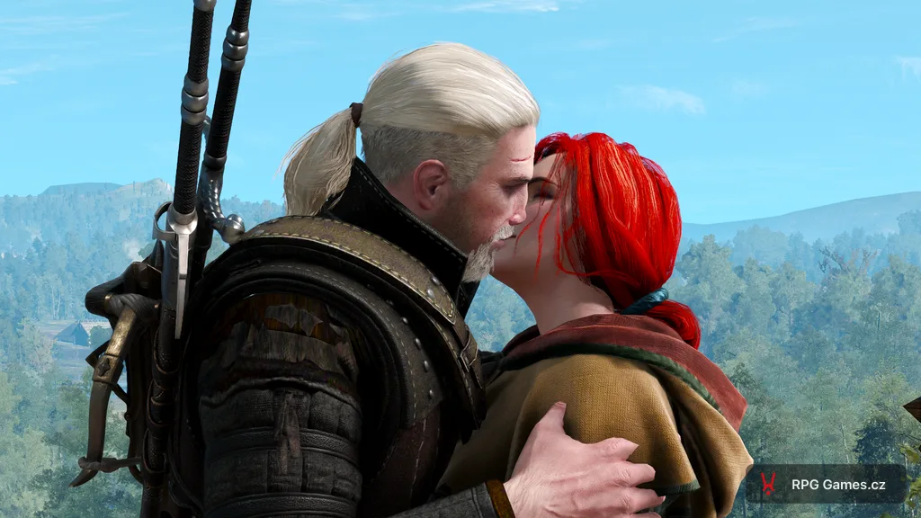 Geralt a Triss se líbají venku na slunci v krajině, Zaklínač 3