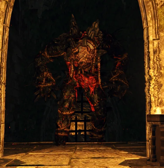 Ifír ve hře Zaklínač 3 — ohnivý golem s runami v elfských ruinách Est Tayiar