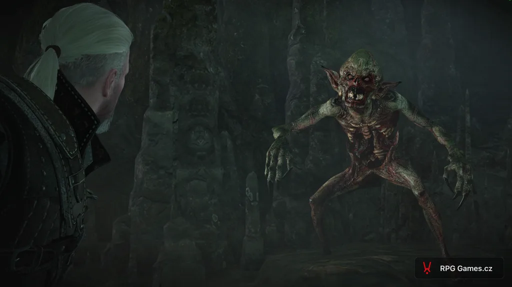 Geralt proti Ignis Fatuus v jeskyni, zelený starý mlhavec s drápy, Zaklínač 3