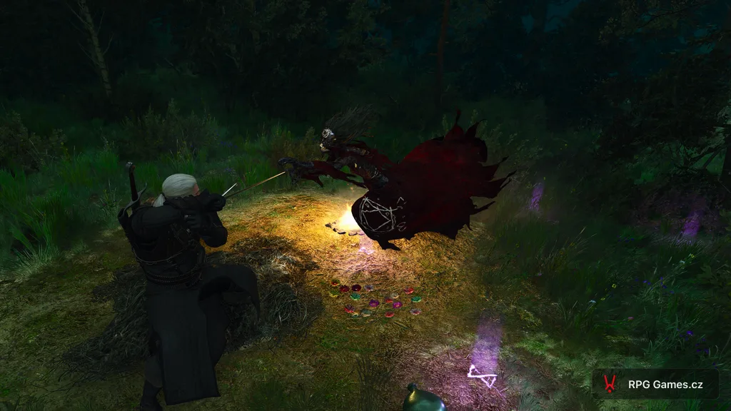 Geralt proti Janině z lesa u táboráku v polích Podhájí, kruh Yrden, Zaklínač 3