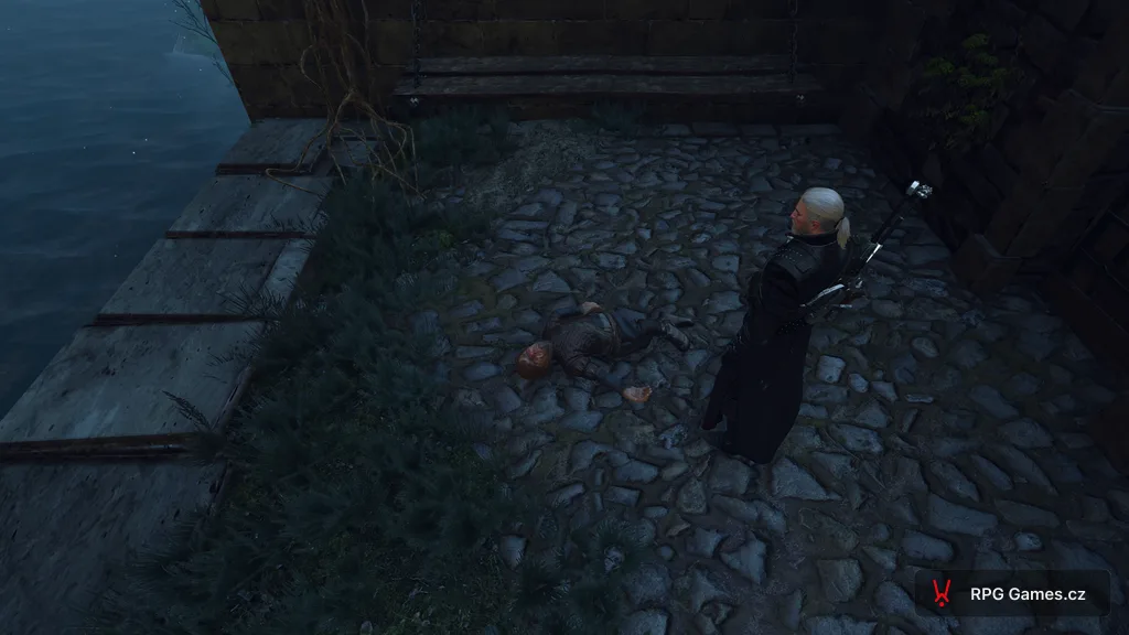 Geralt nad mrtvým trpaslíkem v nebeské cele bez mříží, Zaklínač 3