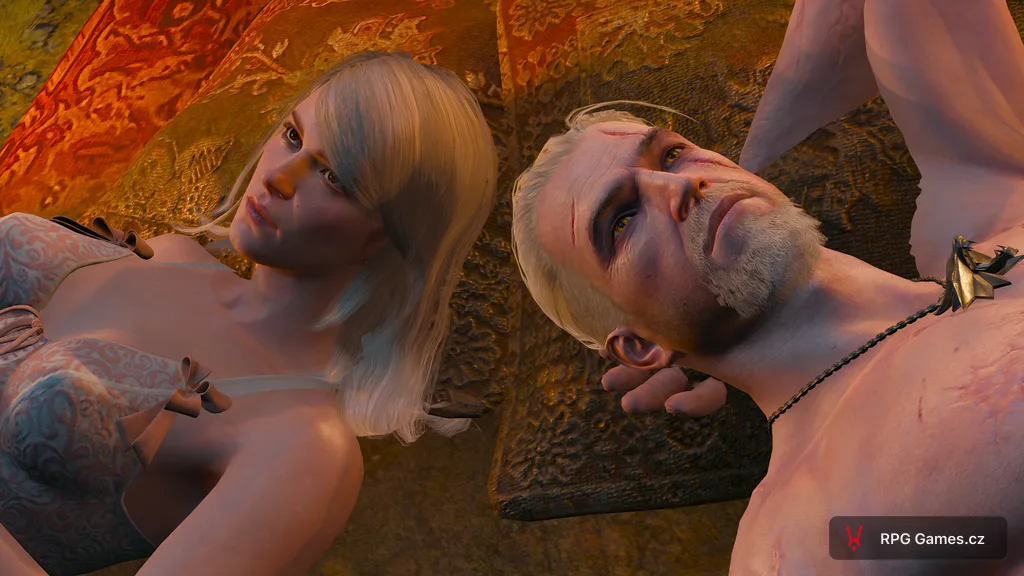 Geralt a Keira Metz po romantické scéně u vody, Zaklínač 3