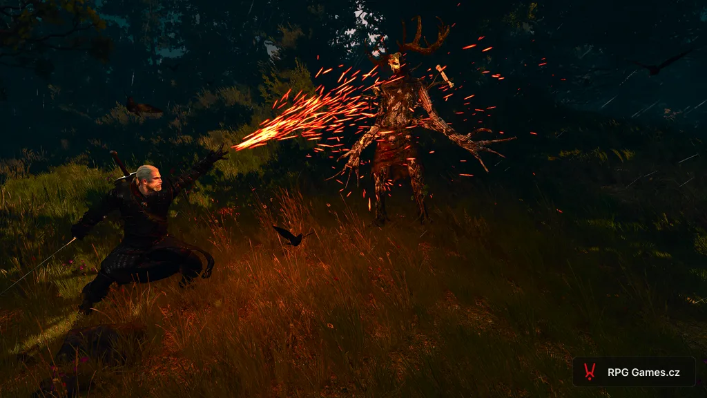 Geralt zapaluje Kernuna znamením Igni v lese za Novigradem, Zaklínač 3
