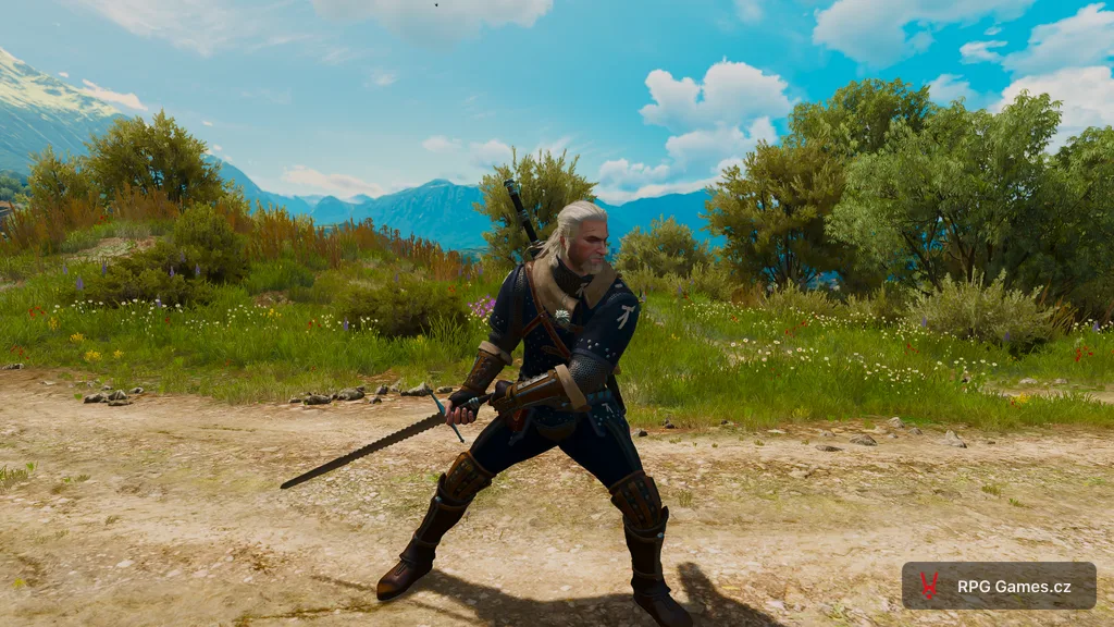 Geralt v mistrovské kočičí zbroji v bojovém postoji, Zaklínač 3