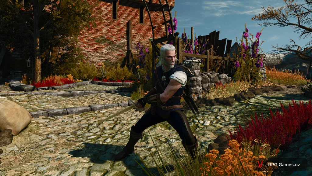 Geralt v základní kočičí zbroji v bojovém postoji, Zaklínač 3
