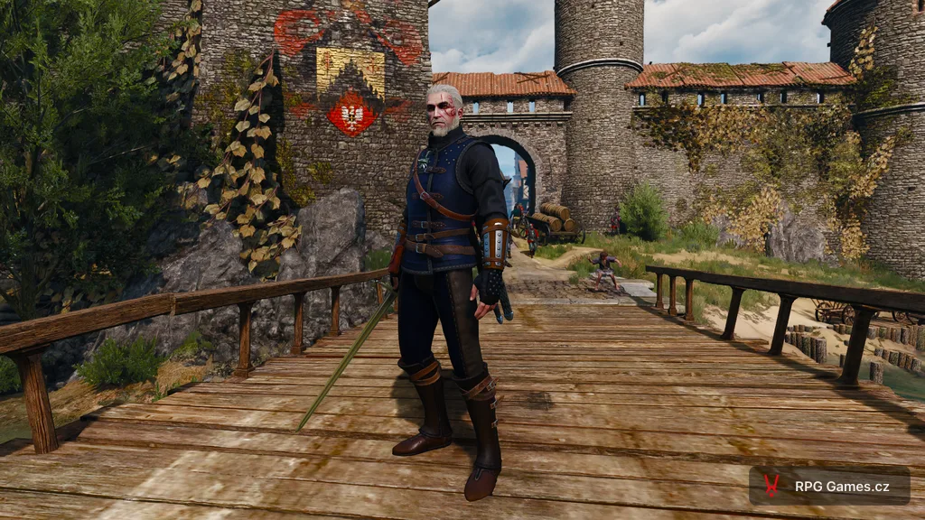 Geralt ve vylepšené kočičí zbroji s ocelovým mečem, Zaklínač 3