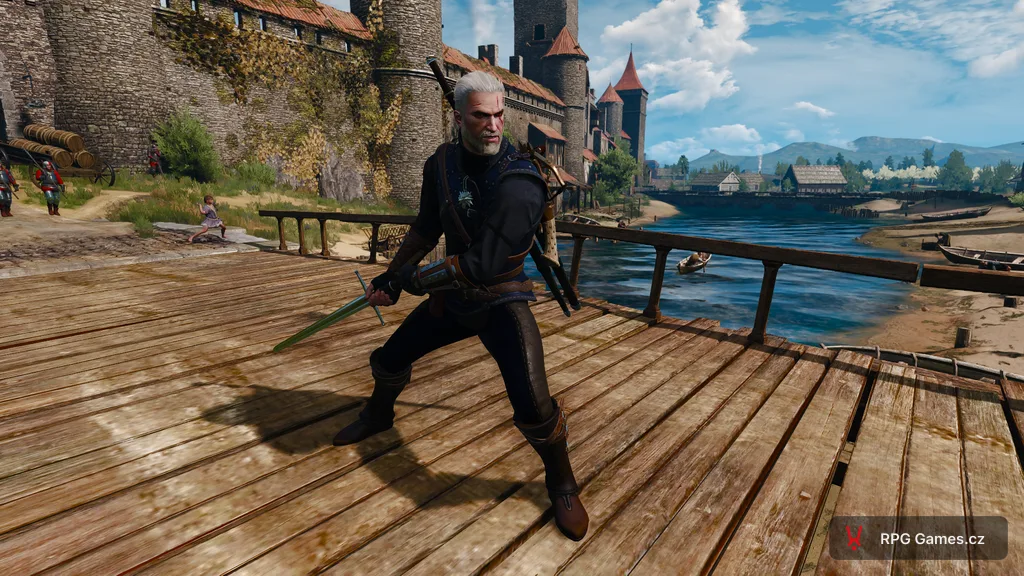 Geralt ve vylepšené kočičí zbroji v bojovém postoji, Zaklínač 3