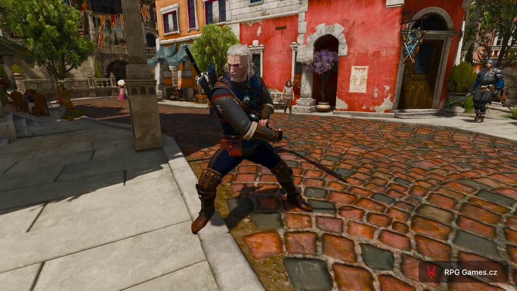 Geralt v prvotřídní kočičí zbroji v bojovém postoji, Zaklínač 3