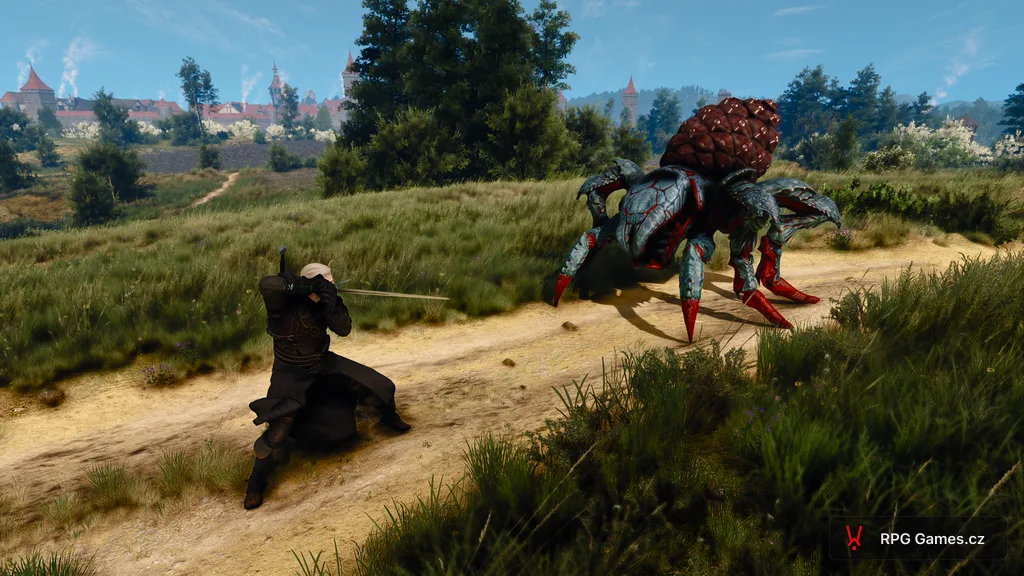 Geralt se stříbrným mečem proti krabopavouku na cestě u Novigradu — borovicová šiška a červené klepeta, Zaklínač 3