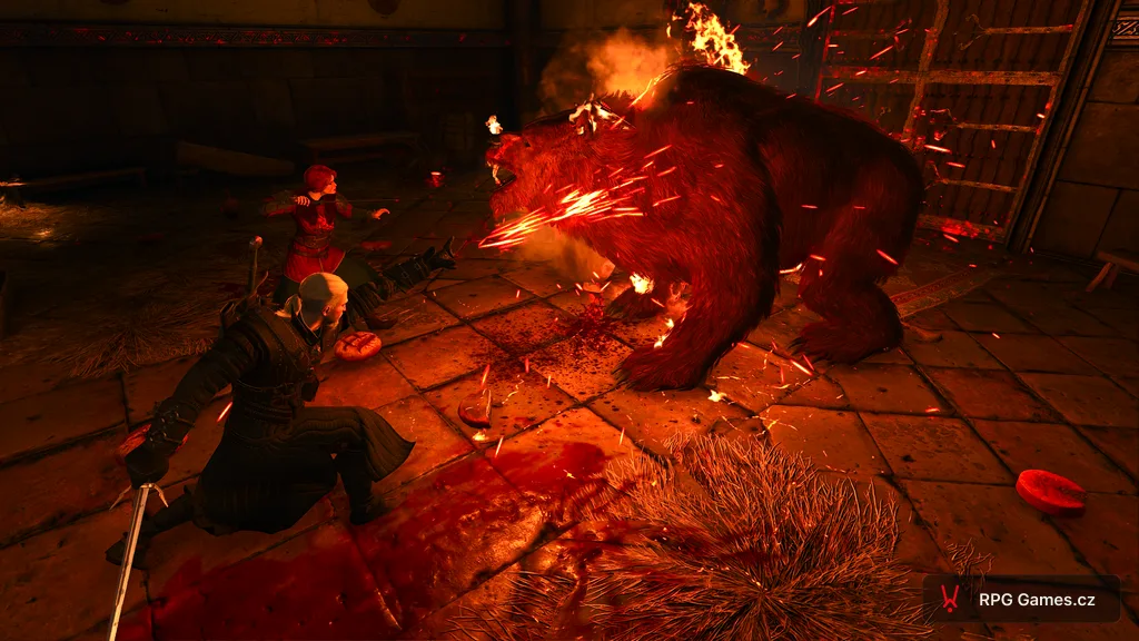 Geralt a Cerys bojujú s horiacim berserkom v sieni Kaer Trolde, Zaklínač 3