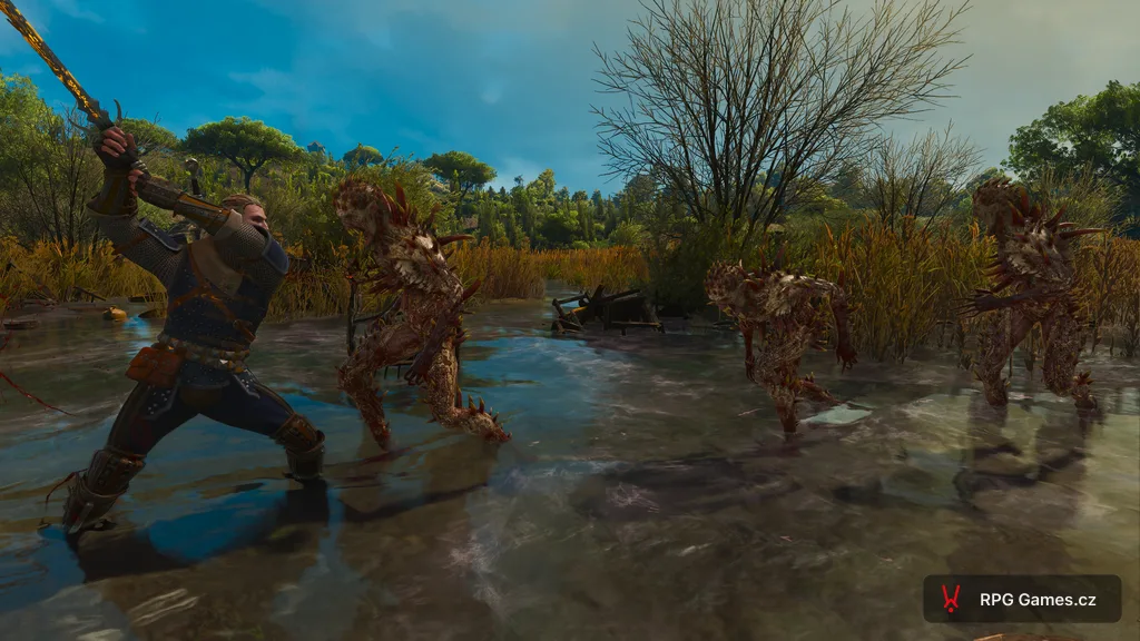 Geralt se stříbrným mečem proti třem kurdějům v bažině, Zaklínač 3