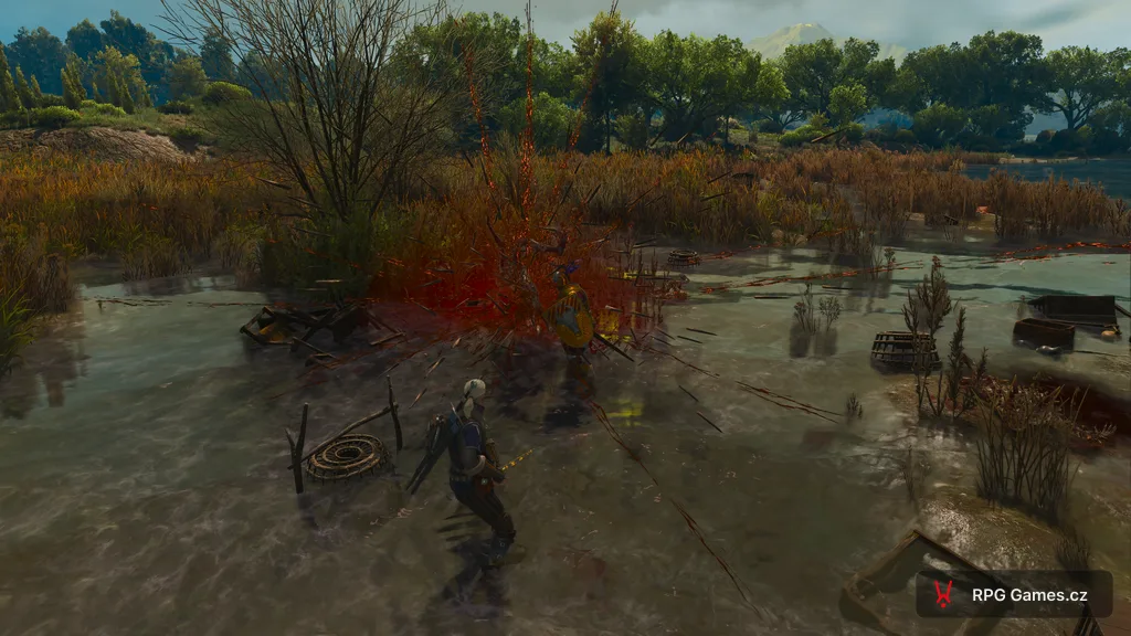 Kurděj po smrti vystřelí ostny do okolí, Geralt a rytíř v dosahu, Zaklínač 3