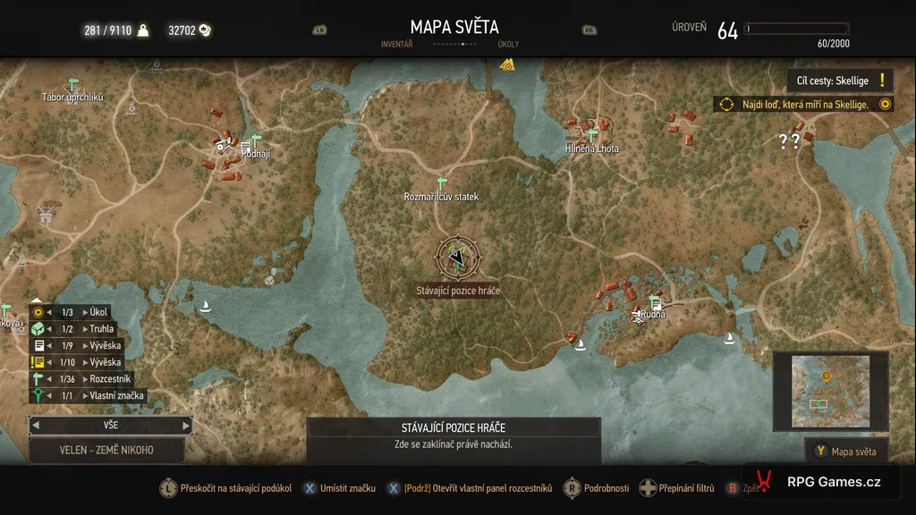 Mapa Velenu u Rozmařilcova statku se značkou u ruin questu Lakomý bůh — Zaklínač 3