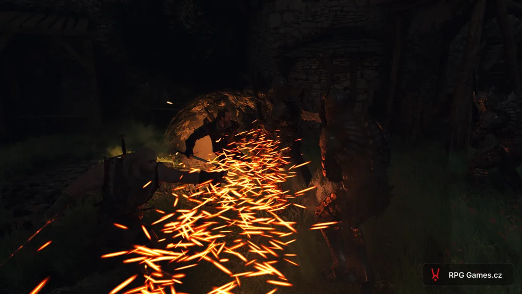 Kampf um Lambert im Burghof bei Nacht während der Schlacht, The Witcher 3