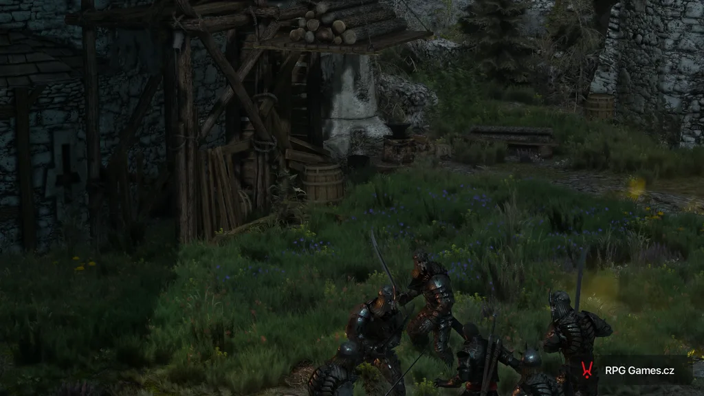 Lambert von Kriegern der Wilden Jagd im Hof von Kaer Morhen umzingelt, The Witcher 3