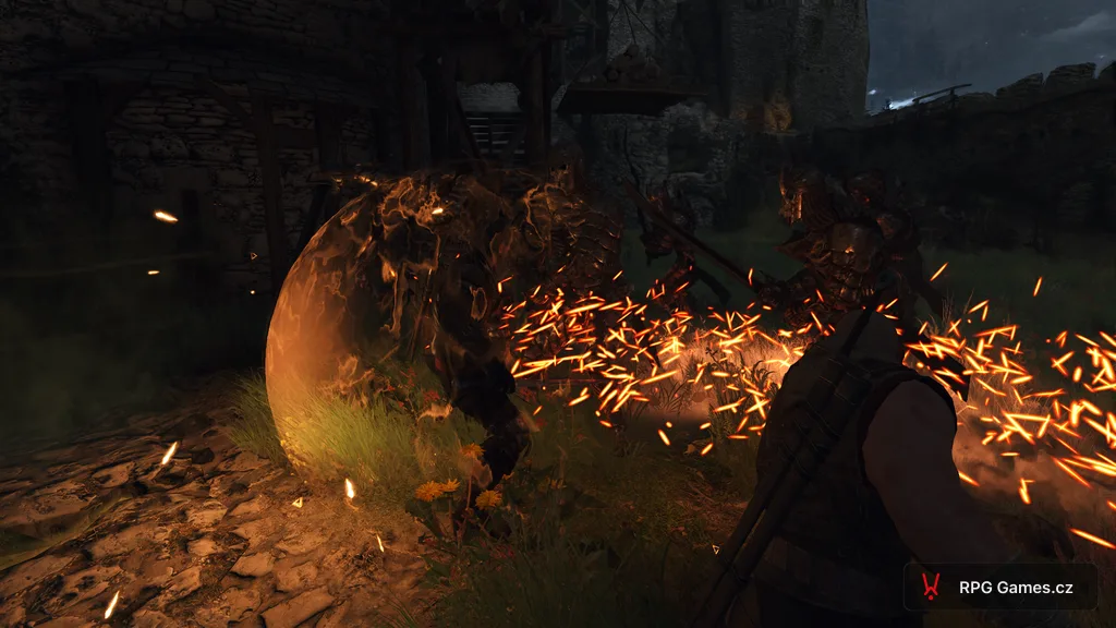 Lambert unter magischem Schild von Kriegern der Jagd umzingelt, Geralt im Vordergrund, The Witcher 3