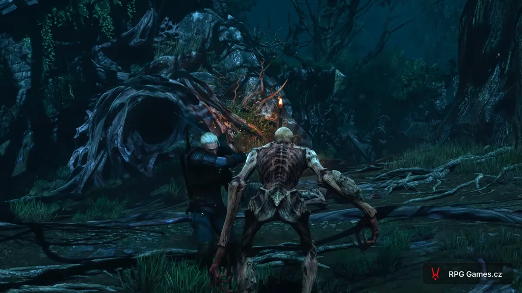Geralt v boji s novým monstrem v temném lese Lettenu, Zaklínač 3