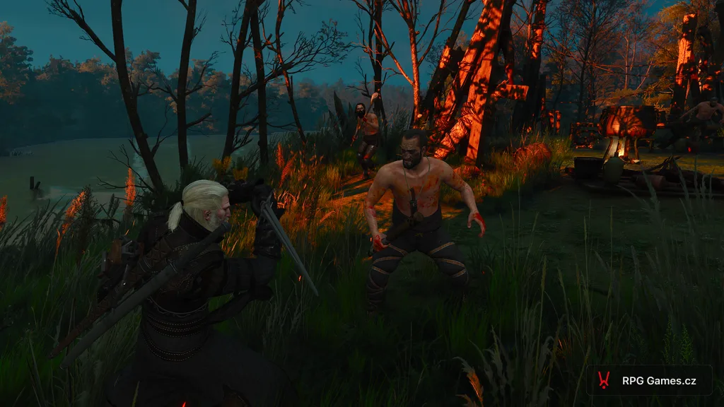 Geralt v boji proti lidojedům u ohniště s kotlem ve Velenu — Zaklínač 3